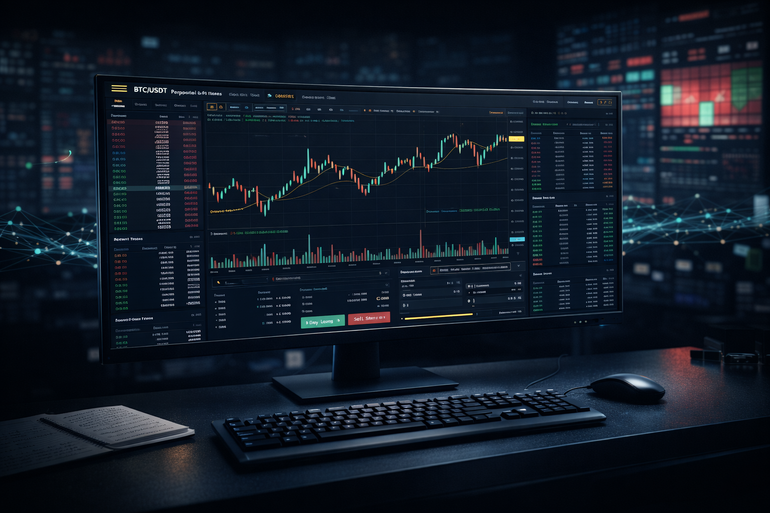 Bybit crypto exchange trading interface showing perpetual futures order book and derivatives dashboard