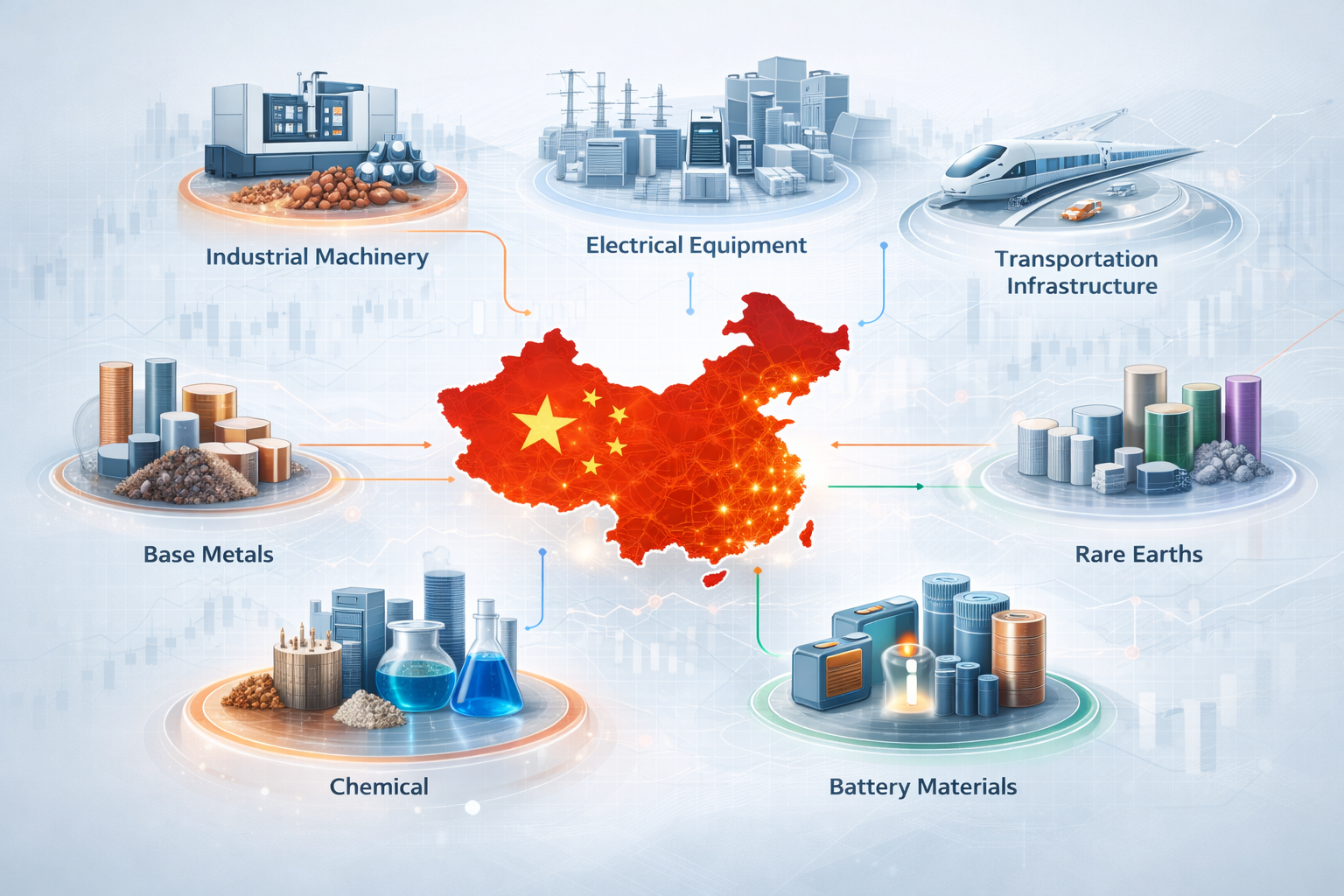 China industrial and materials sector map showing major subsectors, supply chains, and investment exposure routes